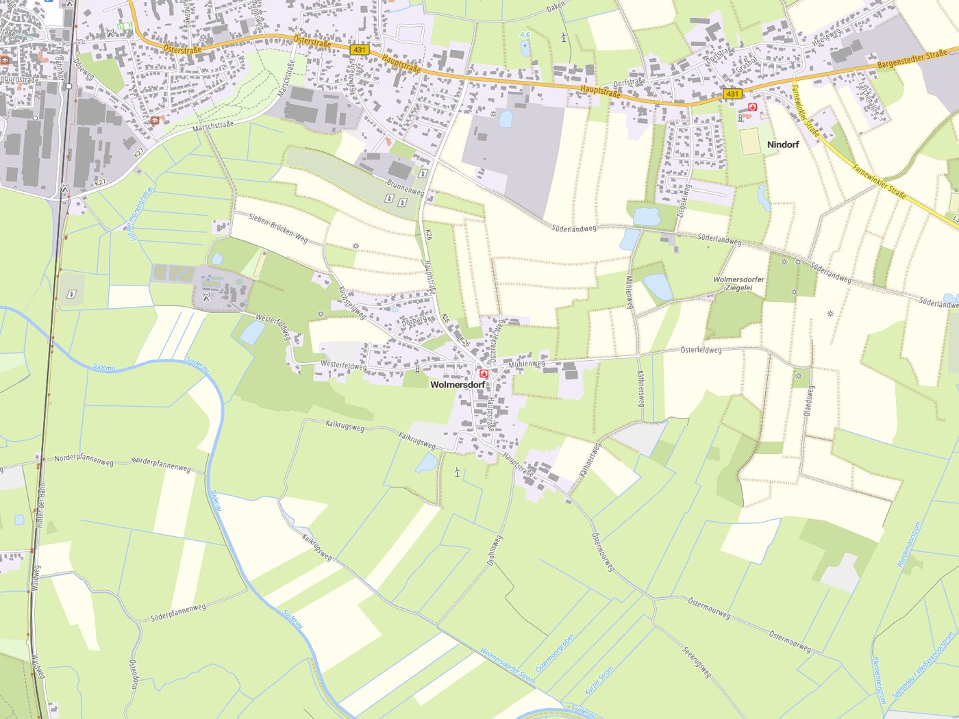 Kartenausschnitt Wolmersdorf mit Gewässern