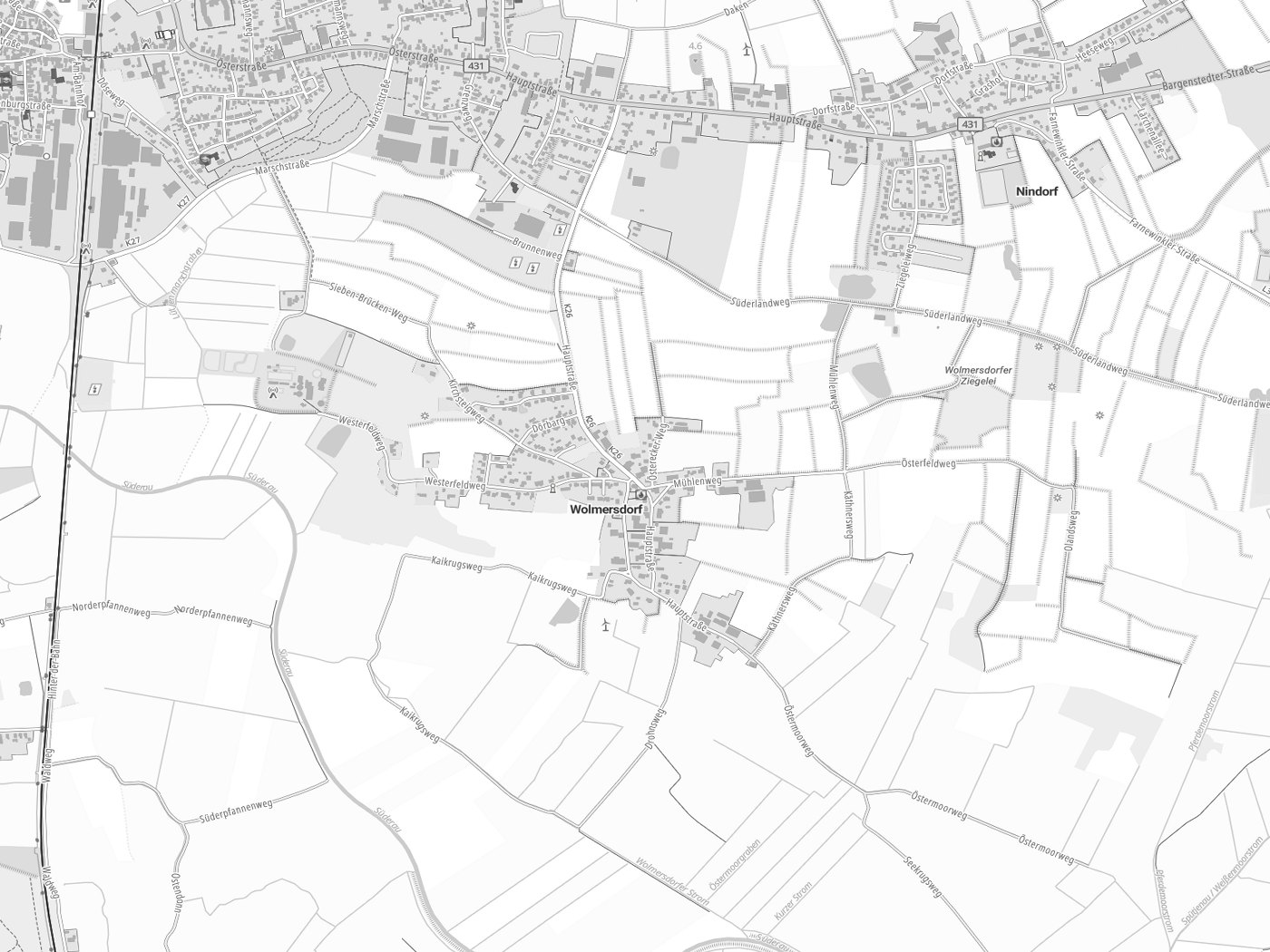 Kartenausschnitt Wolmersdorf mit Gewässern