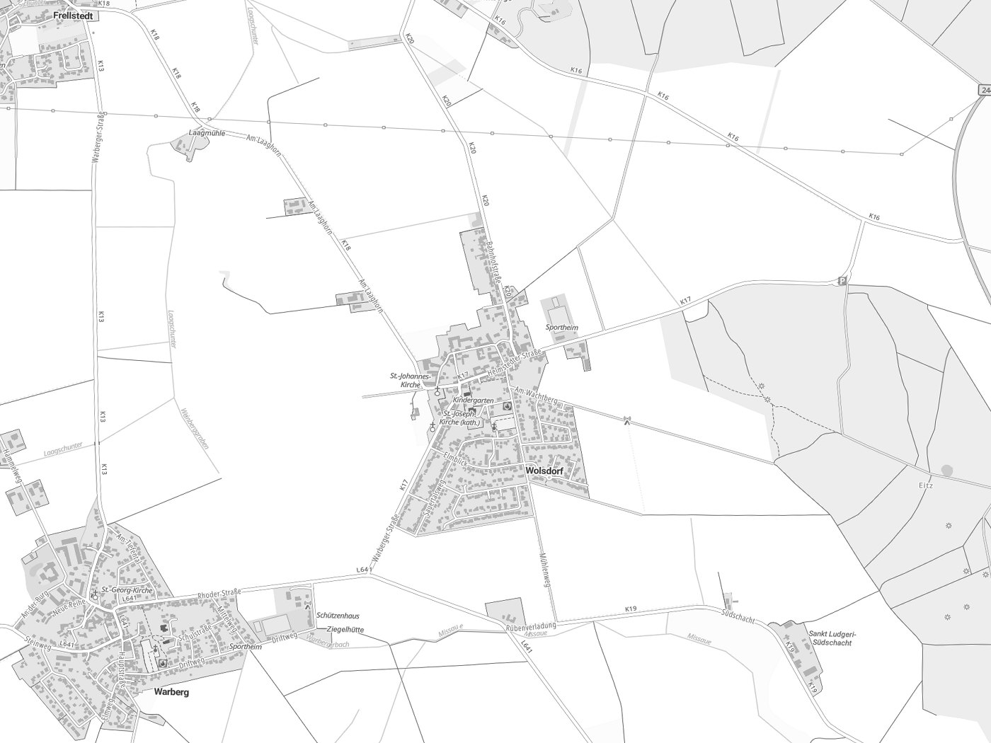 Kartenausschnitt Wolsdorf mit Gewässern