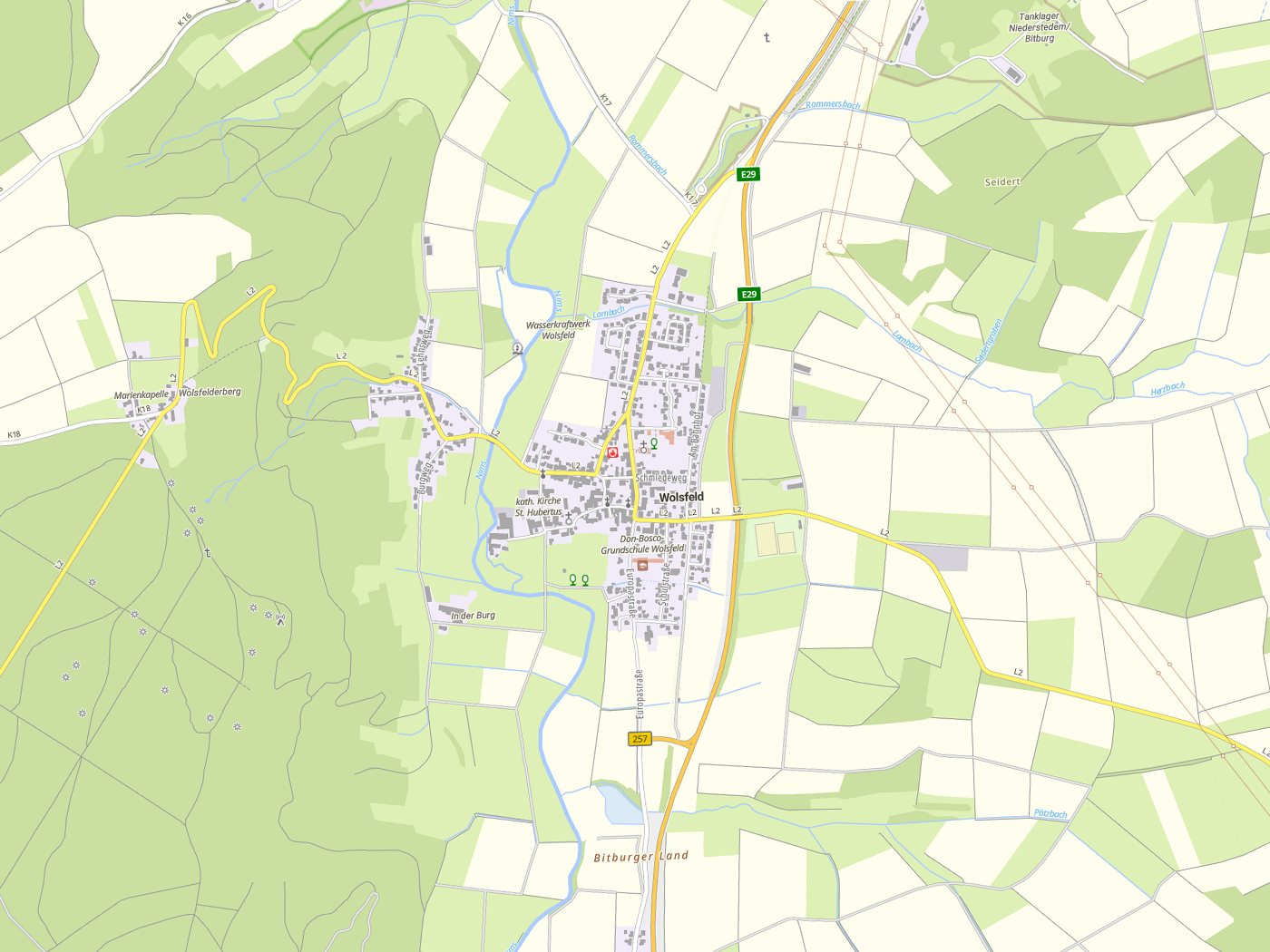 Kartenausschnitt Wolsfeld mit Gewässern