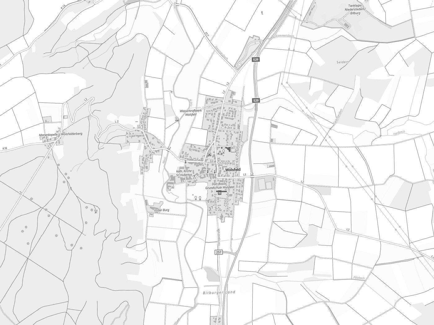 Kartenausschnitt Wolsfeld mit Gewässern