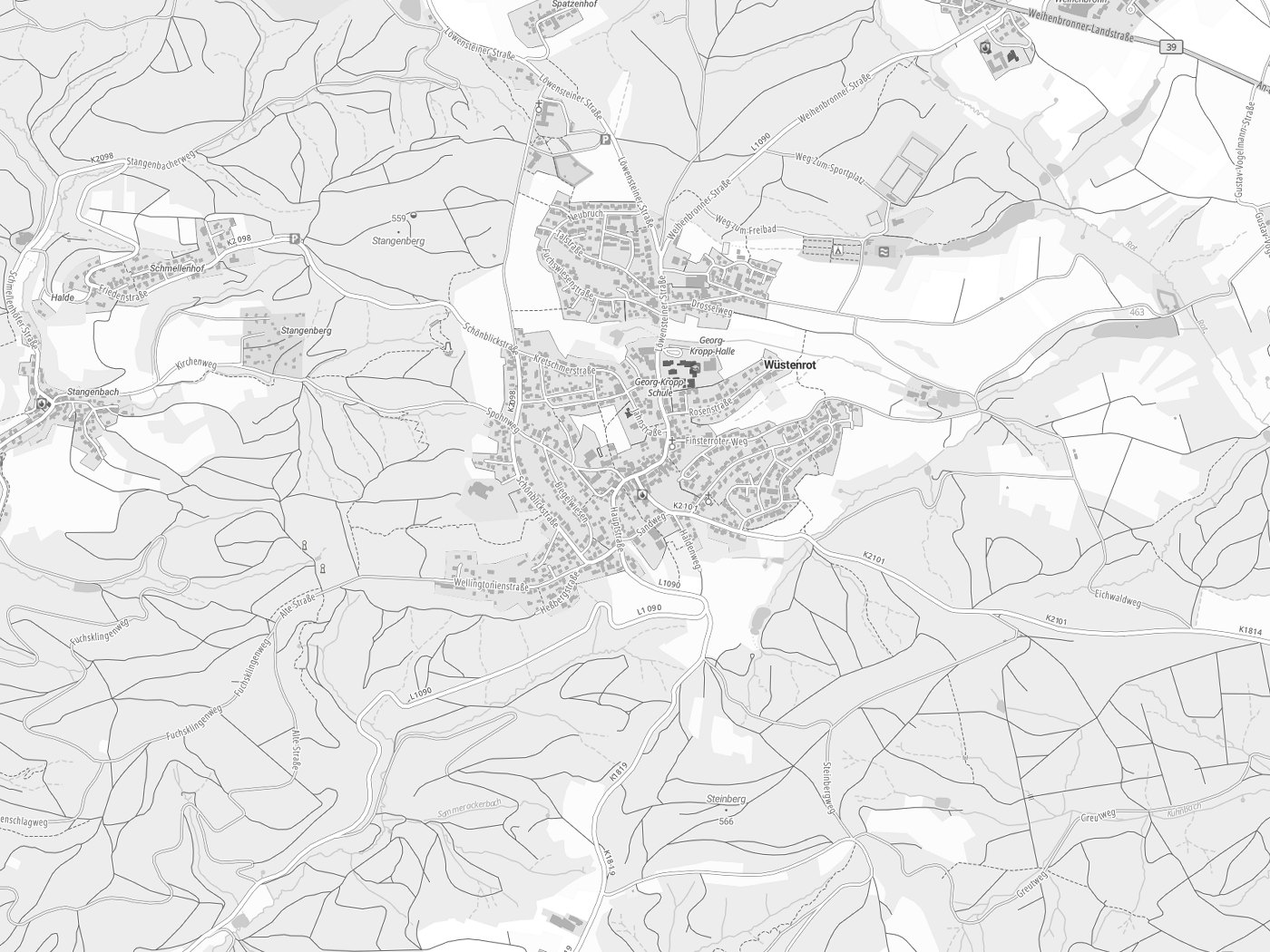 Kartenausschnitt Wüstenrot mit Gewässern