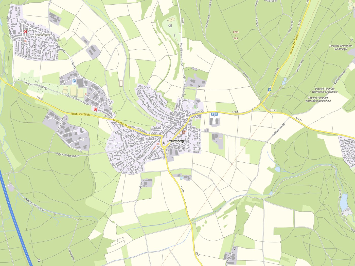 Kartenausschnitt Wurmberg mit Gewässern