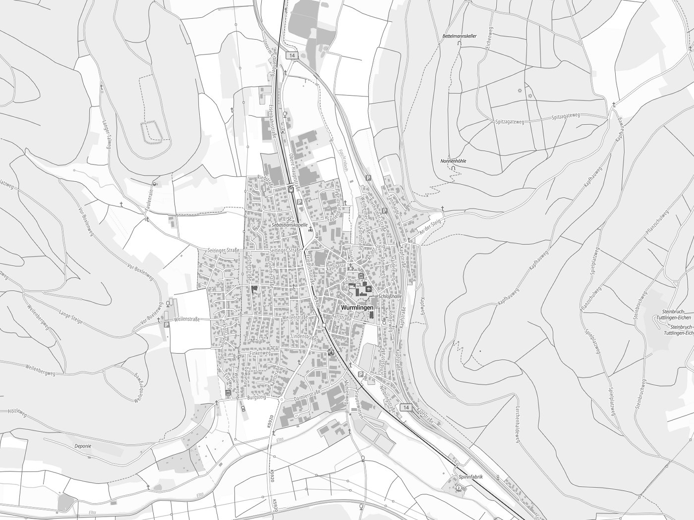 Kartenausschnitt Wurmlingen mit Gewässern