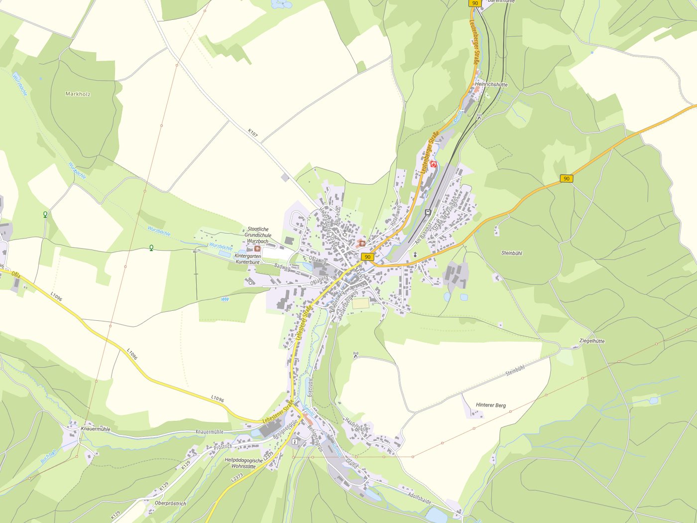 Kartenausschnitt Wurzbach mit Gewässern