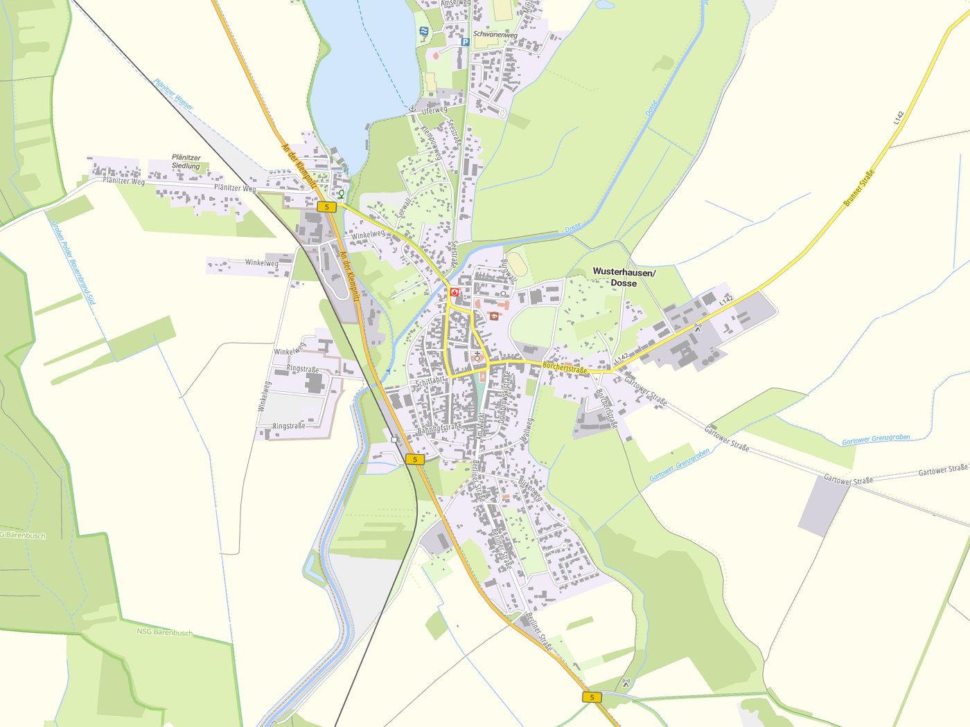Kartenausschnitt Wusterhausen/Dosse mit Gewässern