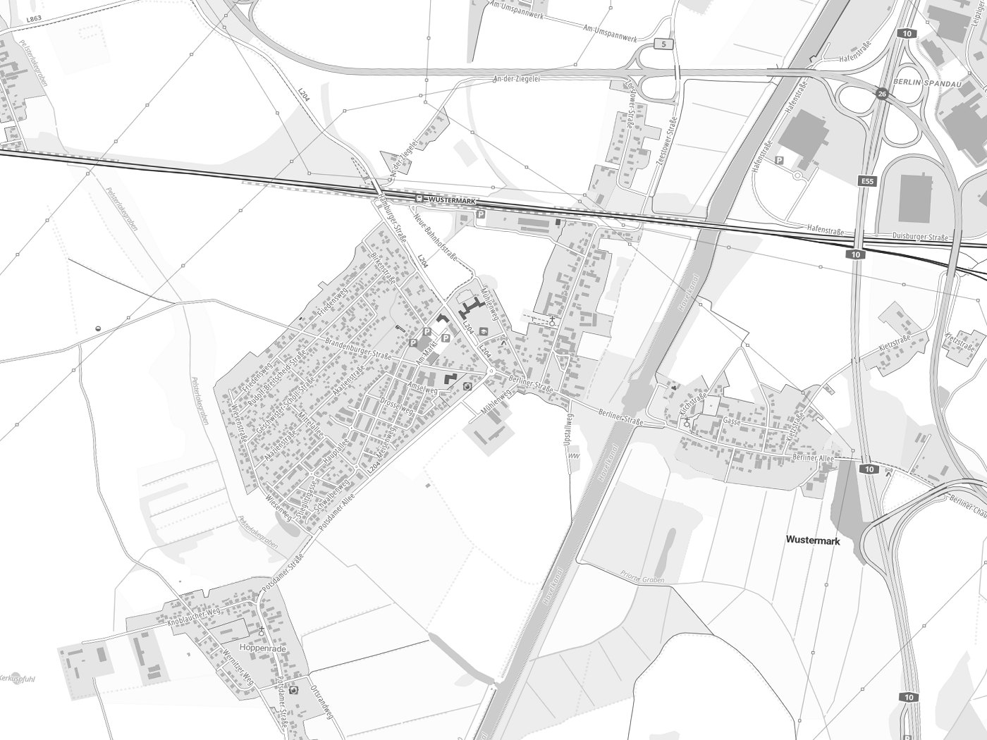Kartenausschnitt Wustermark mit Gewässern