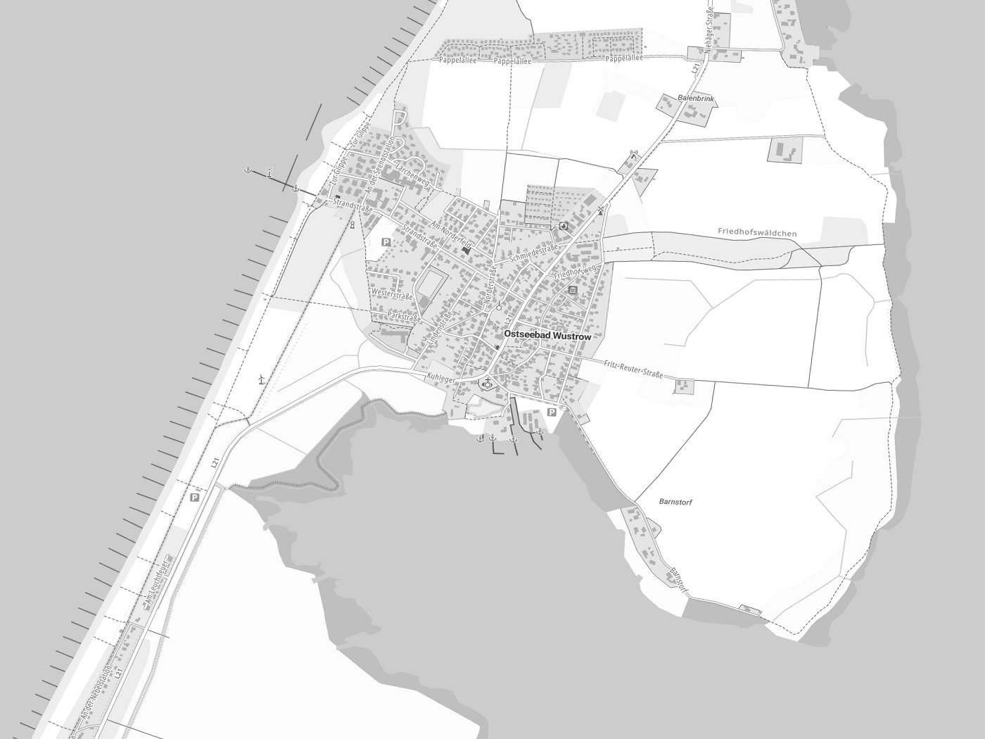 Kartenausschnitt Wustrow mit Gewässern