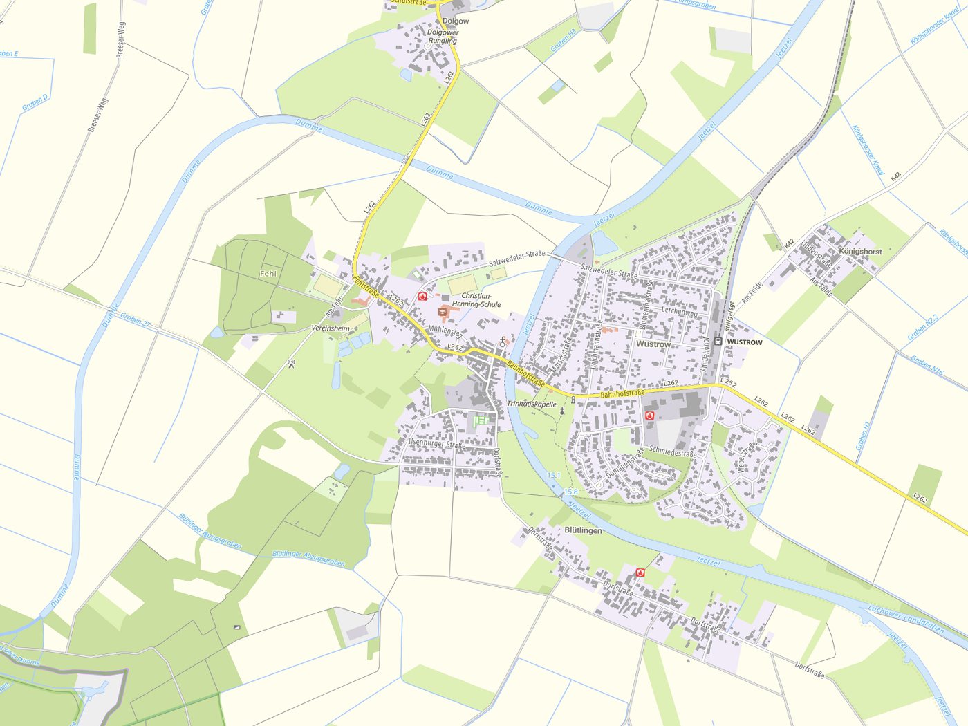 Kartenausschnitt Wustrow (Wendland) mit Gewässern