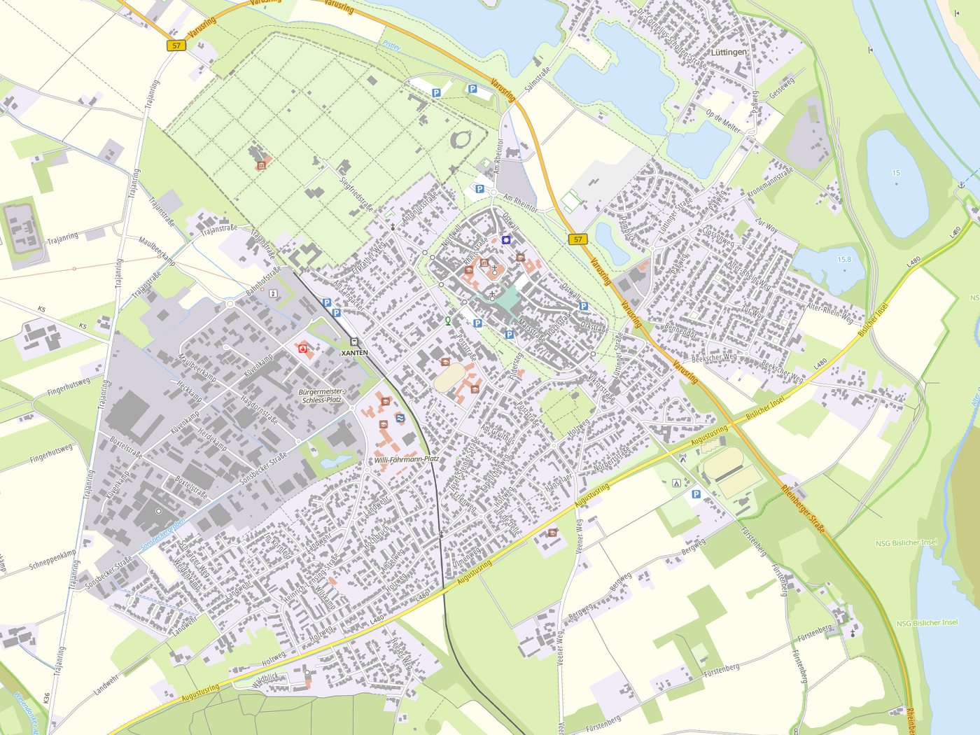 Kartenausschnitt Xanten mit Gewässern