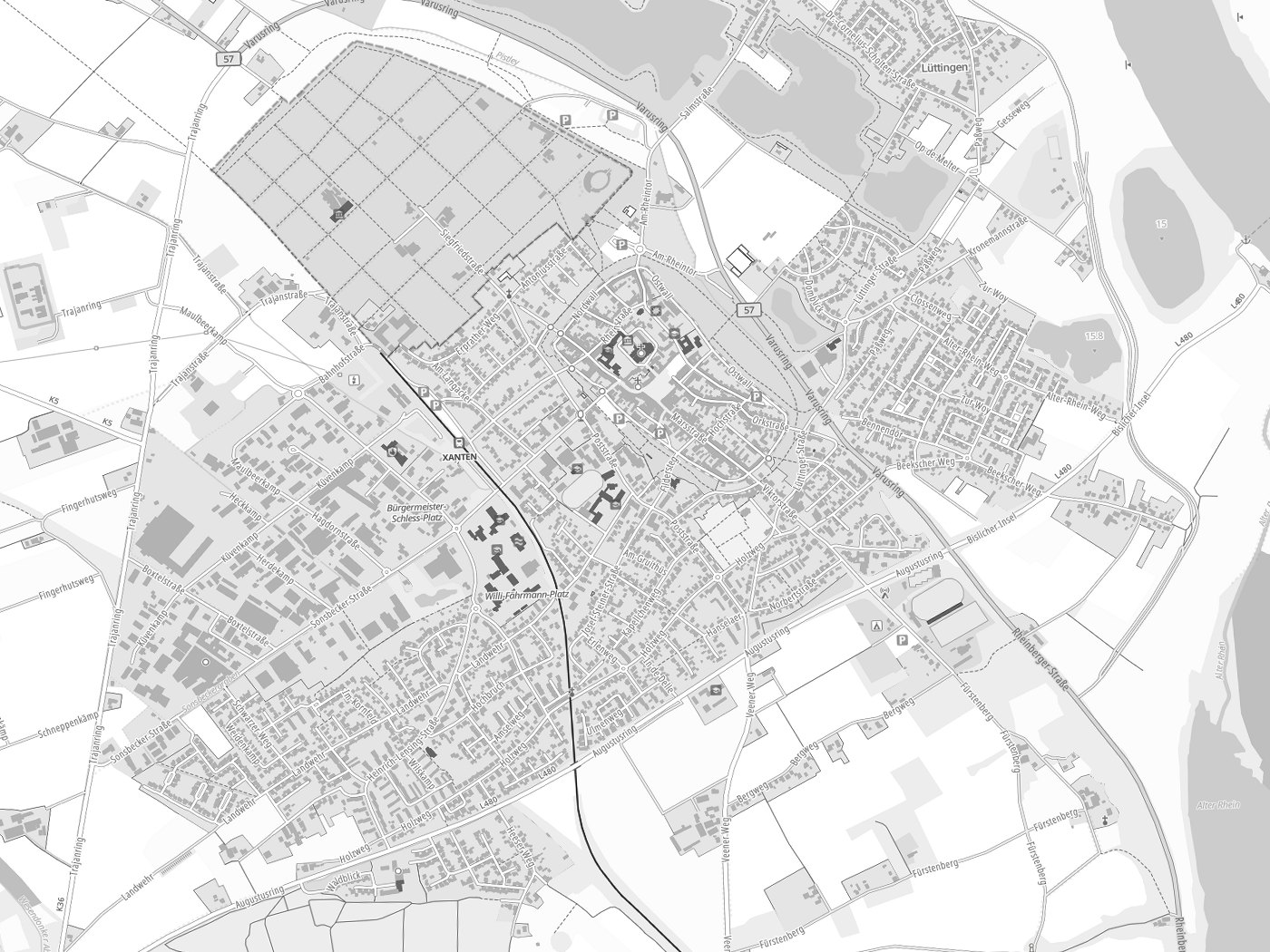 Kartenausschnitt Xanten mit Gewässern