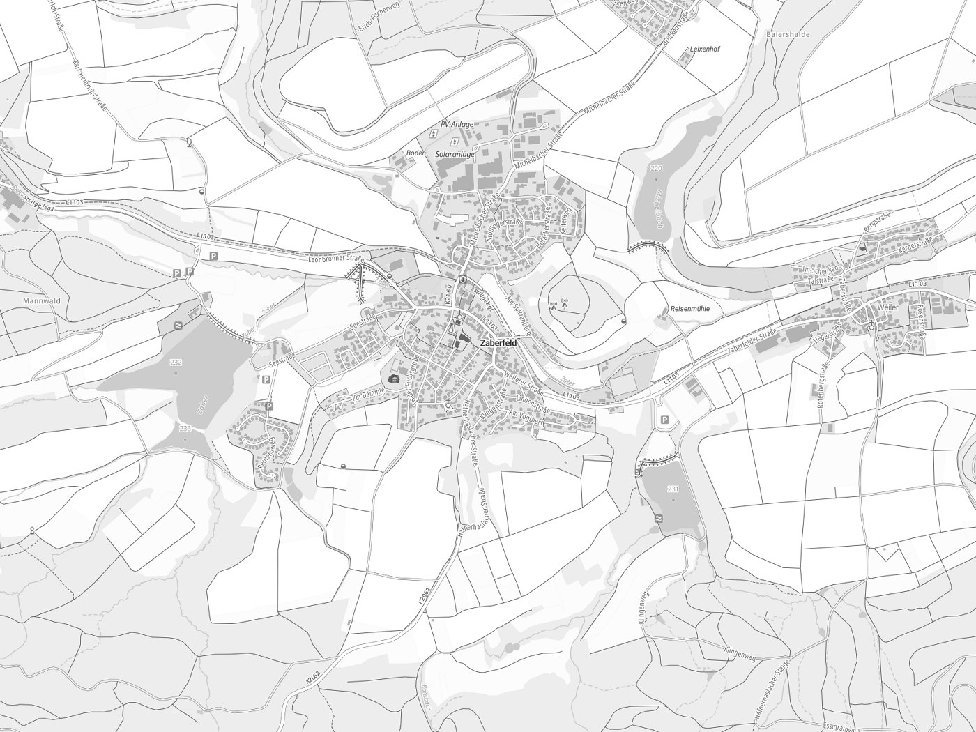 Kartenausschnitt Zaberfeld mit Gewässern