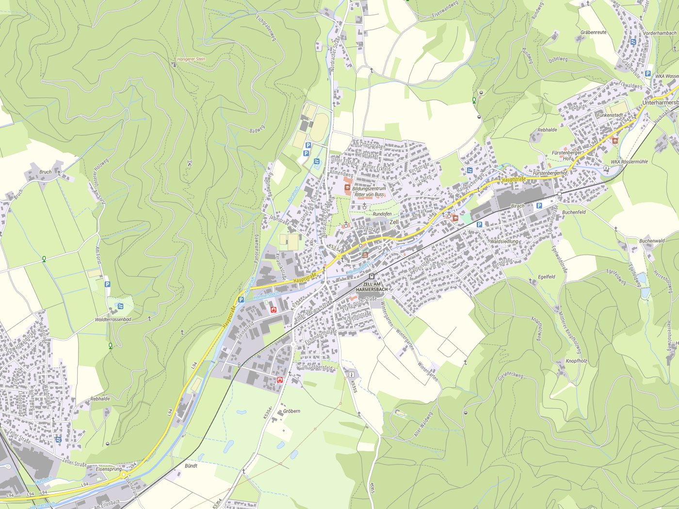 Kartenausschnitt Zell am Harmersbach mit Gewässern