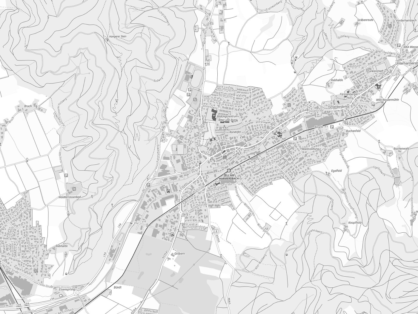 Kartenausschnitt Zell am Harmersbach mit Gewässern