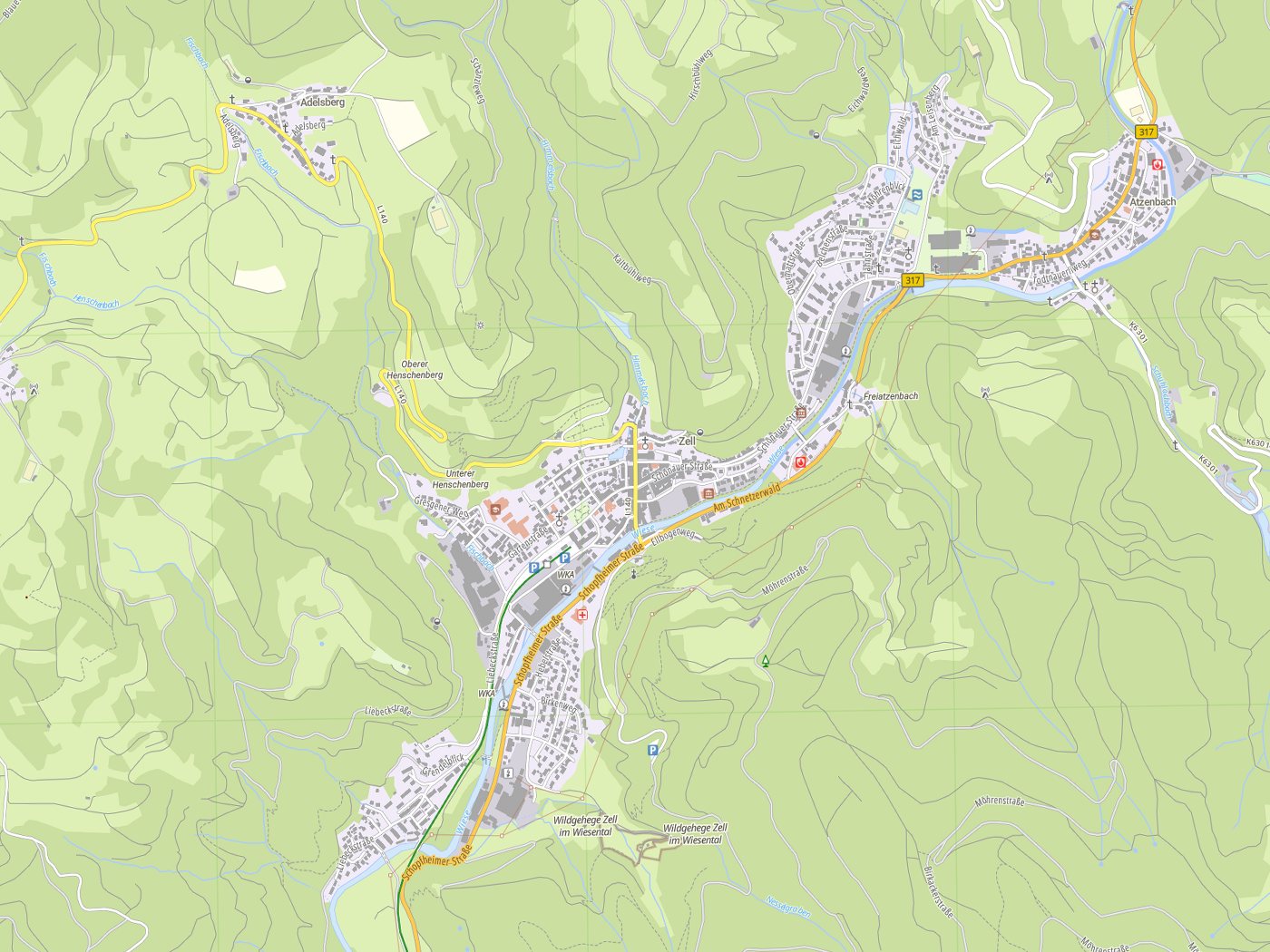 Kartenausschnitt Zell im Wiesental mit Gewässern