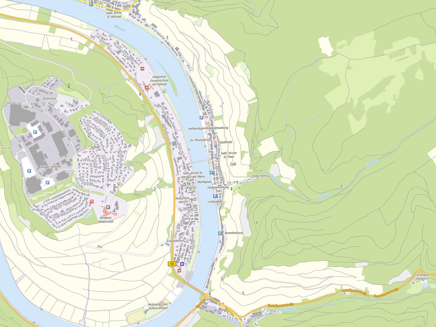Kartenausschnitt Zell (Mosel) mit Gewässern