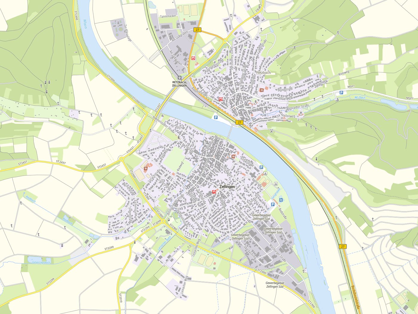 Kartenausschnitt Zellingen mit Gewässern