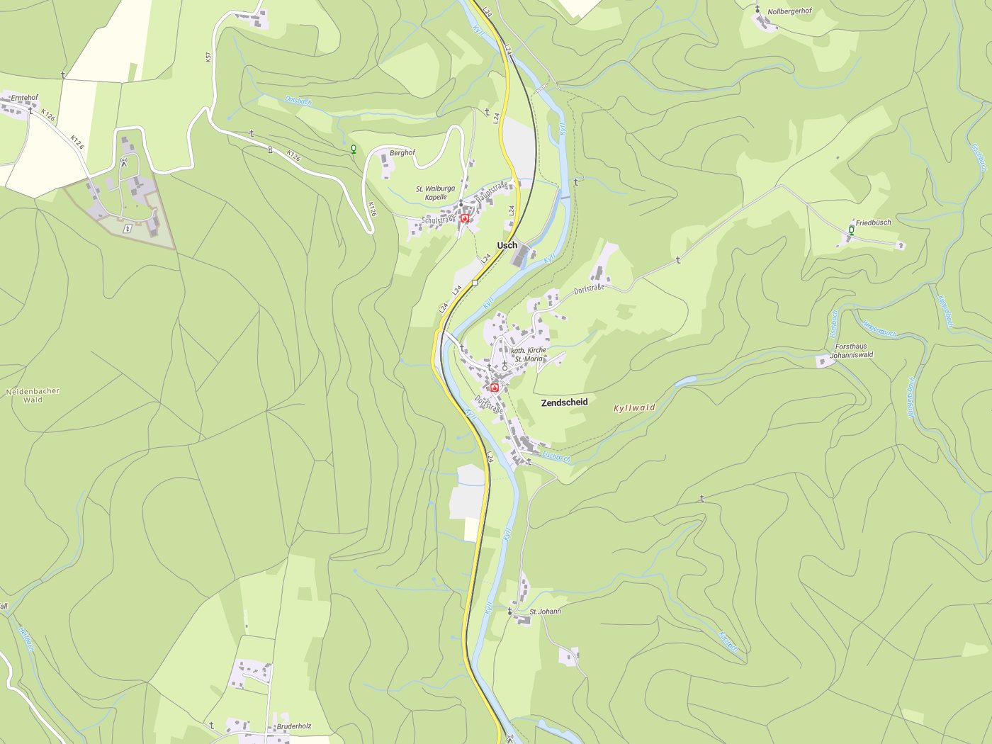 Kartenausschnitt Zendscheid mit Gewässern