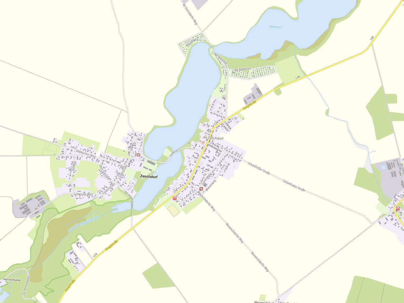 Kartenausschnitt Zeschdorf mit Gewässern