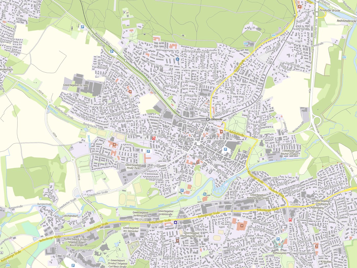 Kartenausschnitt Zirndorf mit Gewässern