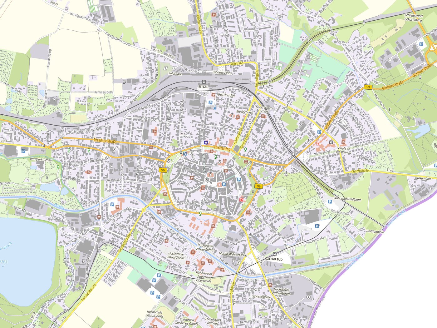 Kartenausschnitt Zittau mit Gewässern