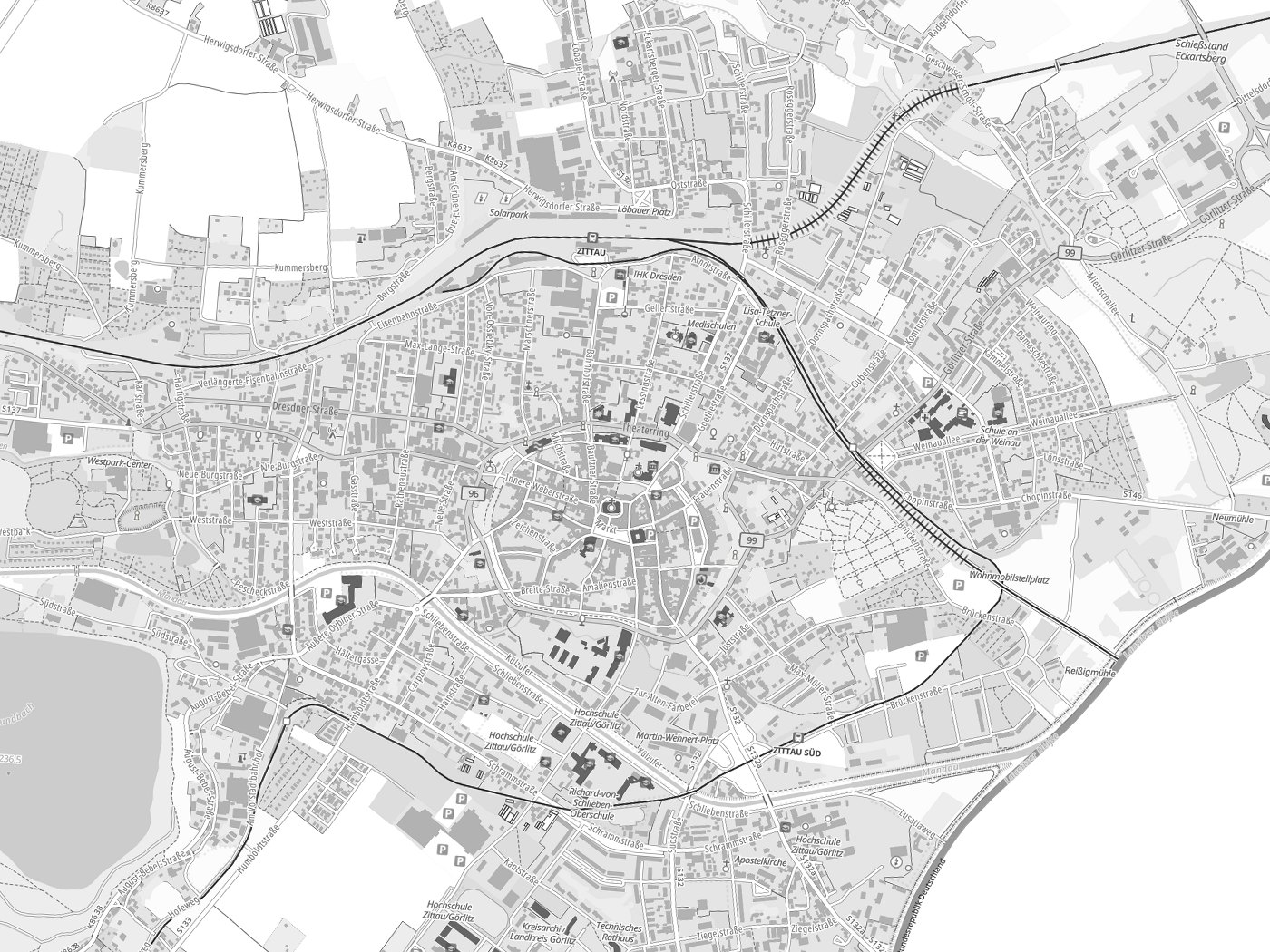 Kartenausschnitt Zittau mit Gewässern