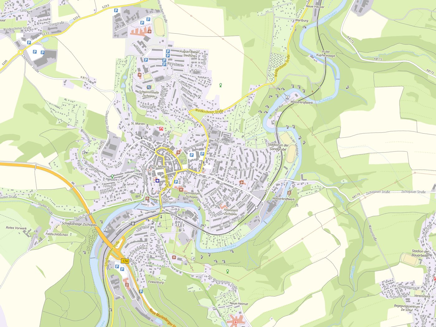 Kartenausschnitt Zschopau mit Gewässern