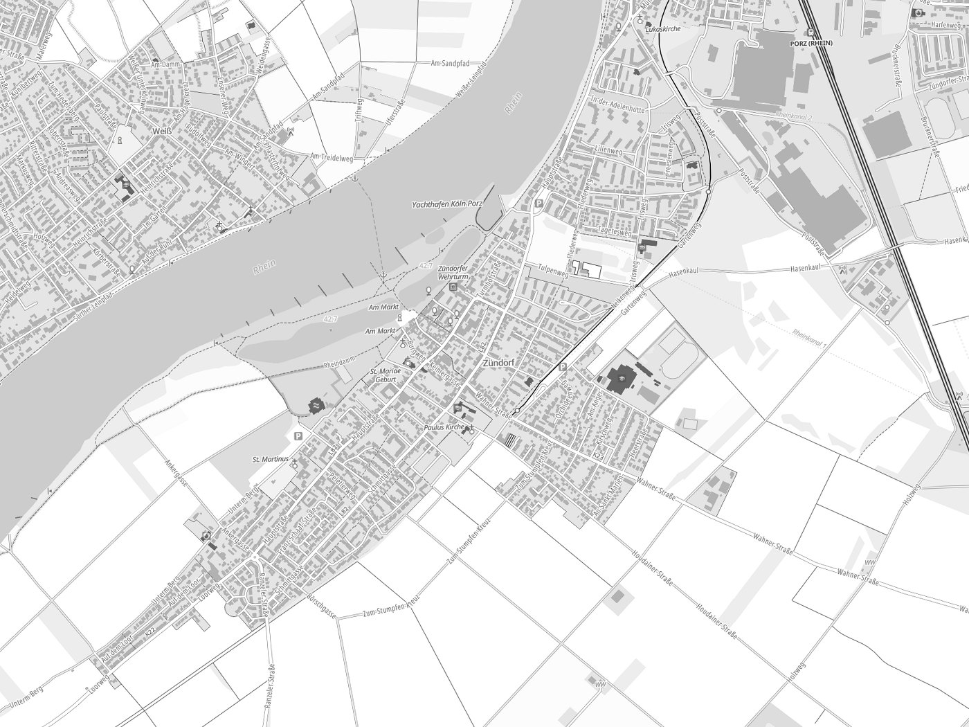 Kartenausschnitt Zündorf mit Gewässern