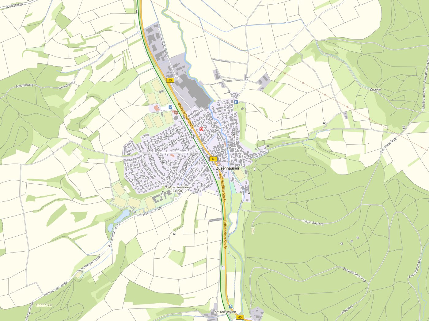 Kartenausschnitt Zuzenhausen mit Gewässern