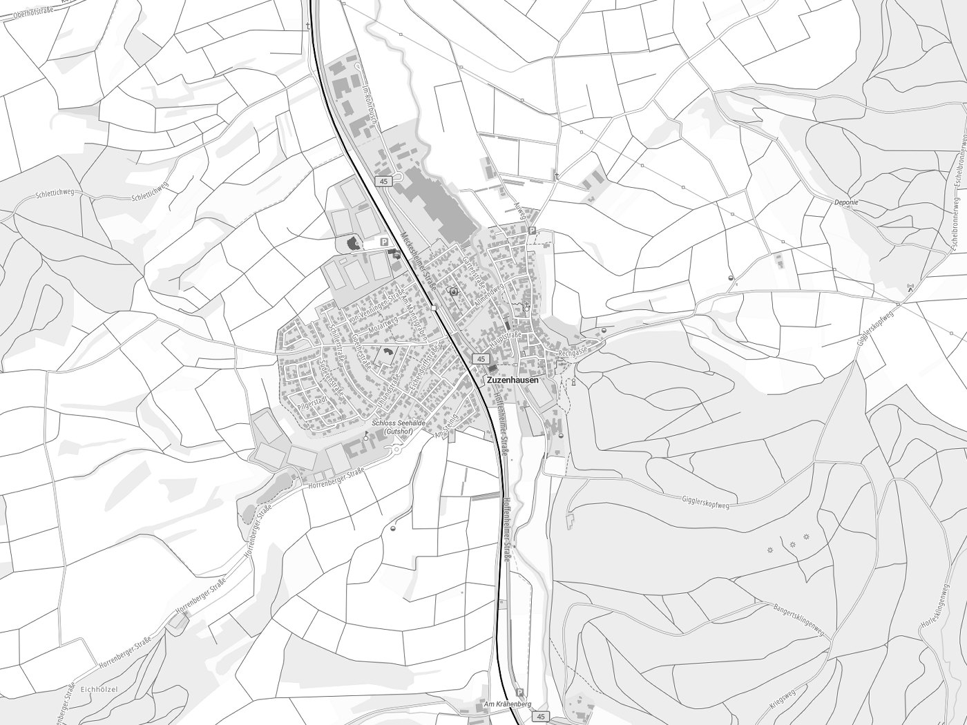 Kartenausschnitt Zuzenhausen mit Gewässern