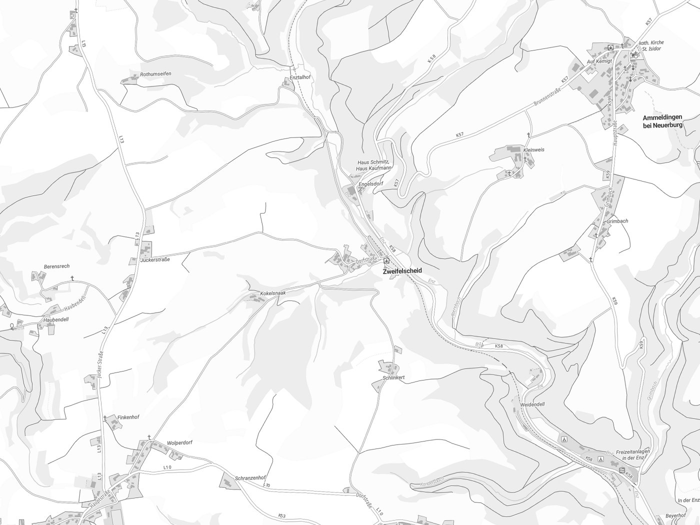 Kartenausschnitt Zweifelscheid mit Gewässern