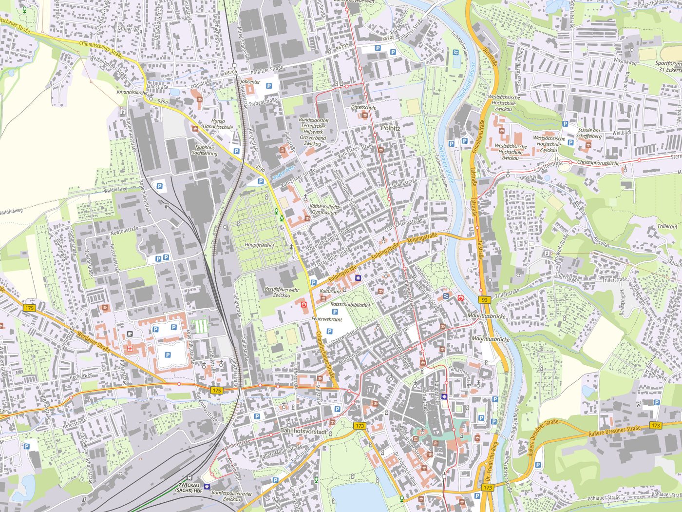 Kartenausschnitt Zwickau mit Gewässern