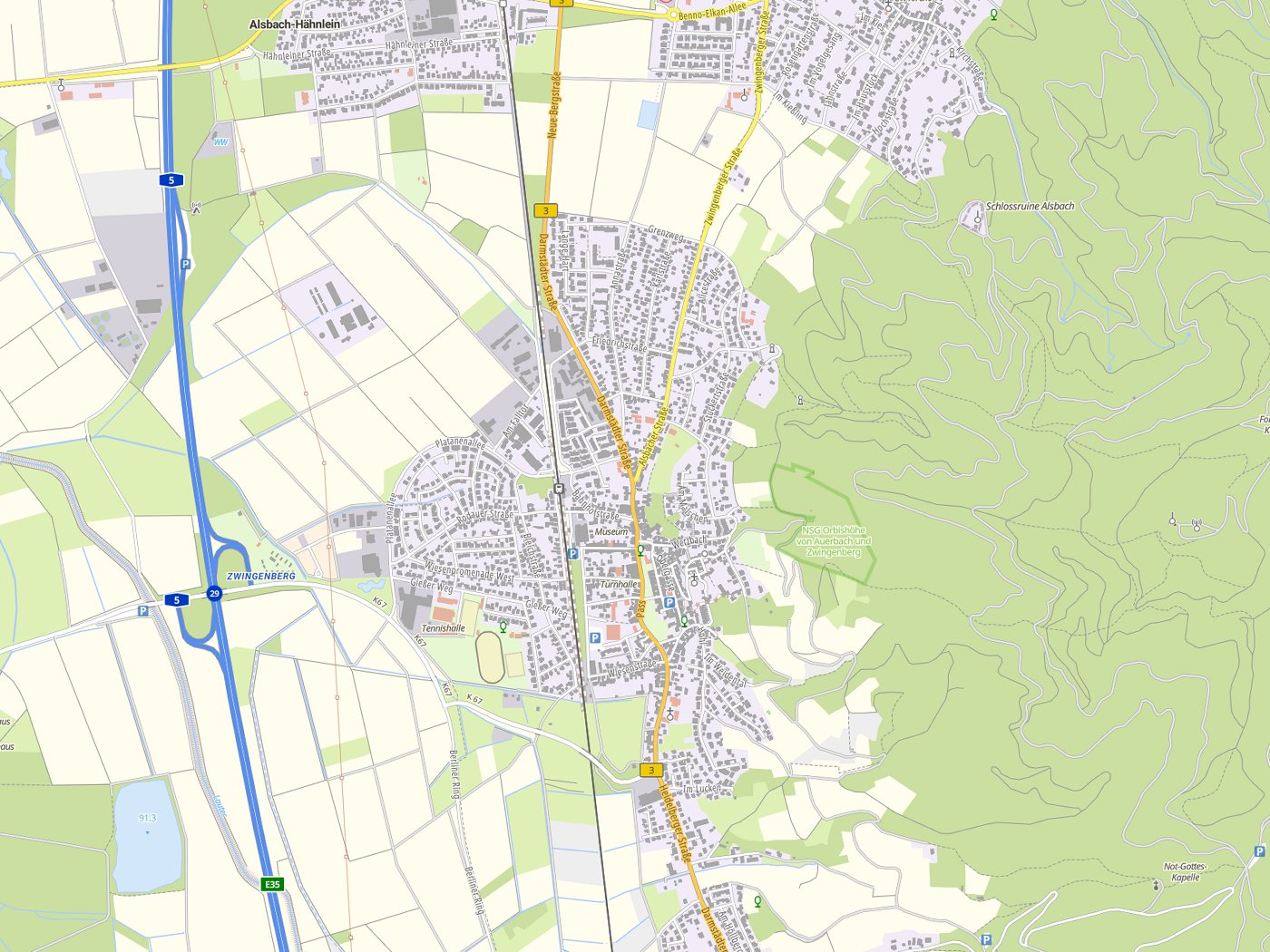 Kartenausschnitt Zwingenberg mit Gewässern